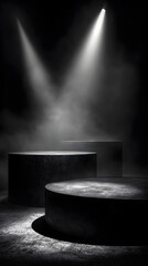 Poster - Empty round podiums, spotlight, smoke, dark background, mysterious, product showcase