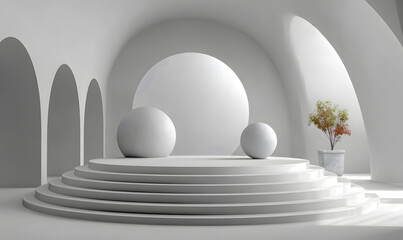 Poster - Abstract white geometry shape background. podium minimalist mock up scene. 3d rendering. 3d render design for display products on the website. Mockup with gray podium scene concept.