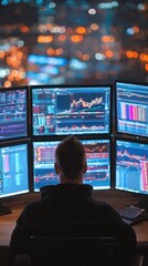 Poster - Investor engaged in financial analysis surrounded by a multiscreen setup displaying various trading platforms and data feeds highlighting an intense stock market atmosphere.