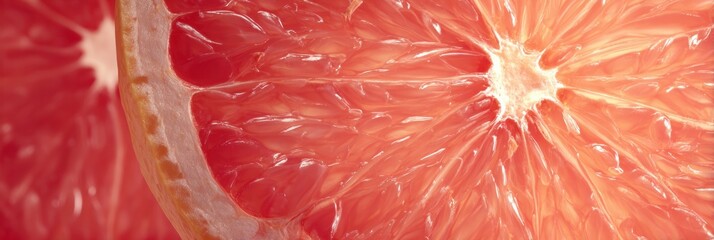Poster - Grapefruit Slice Resembling a Sunburst With Vibrant Colors and Textures Displayed in a Creative Abstract Style