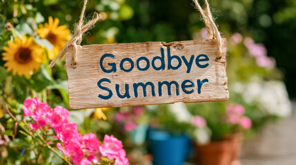 Wall Mural - Goodbye summer sign on wooden board in garden