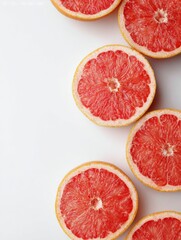 Poster - Grapefruit Halves Arranged Diagonally on a Clean White Surface With Empty Upper Zone Creating a Minimalistic Aesthetic