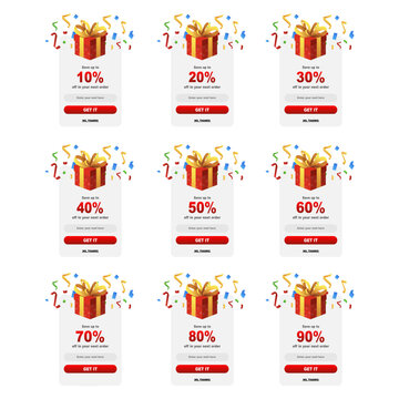 Set of pop-up banners with discounts for big sale red gift box with confetti. Vector illustration