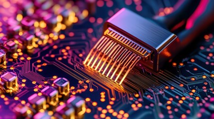 Poster - Close Up of Black Cable Plugging Into a Glowing Multicolored Circuit Board