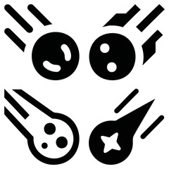 Poster - Four black and white meteor icons with different internal designs and tail streaks imagery