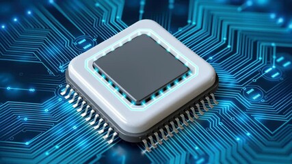Poster - Glowing Microchip on Blue Circuit Board Showcasing Advanced Electronic Technology and Innovation in Futuristic Atmosphere