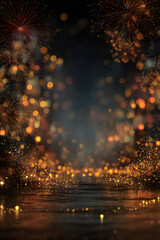 Poster - gold bokeh lights and fireworks banner on black background