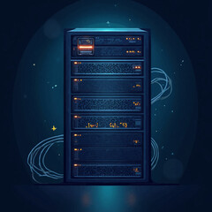 Fototapete - Digital illustration of a server rack, glowing with data and connected cables.