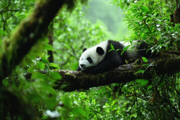 Aufkleber - Adorable Giant Pandas Resting on Tree Branches in Dense Lush Green Forest du Daylight, Wildlife Conservation Nature Photography