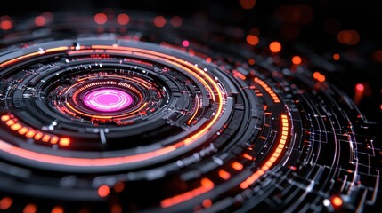 Poster - Futuristic Circular Technology Structure with Magenta and Orange Lights on Dark Background