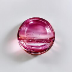 Poster - Aesthetic shot of a vibrant pink glass bowl with delicate bubbles, a study in texture and light on a clean white backdrop.