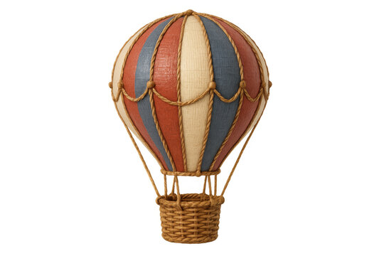 3d rendering of a vintage hot air balloon with red, blue and beige stripes, isolated on transparent background