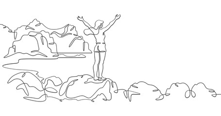 Fototapete - Continuous one line drawing  girl stands waving on a big rock on the seashore. Woman in short shorts on the seashore. Rocks and mountain by the sea. One continuous line isolated minimal illustration