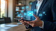 © ModernFiles - Business manager hands swiping tablet with email communication icons in cutting-edge workspace