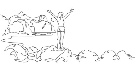 Fototapete - Continuous one line drawing  girl stands waving on a big rock on the seashore. Woman in short shorts on the seashore. Rocks and mountain by the sea. One continuous line isolated minimal illustration