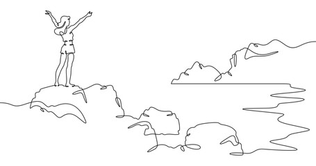 Fototapete - Continuous one line drawing  girl stands waving on a big rock on the seashore. Woman in short shorts on the seashore. Rocks and mountain by the sea. One continuous line isolated minimal illustration