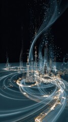 Poster - Futuristic architectural formations rise in a circular layout showcasing luminous cultural motifs and commercial symbols while glimmering trails weave through the air symbolizing innovation