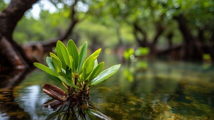 Aufkleber - Vibrant green aquatic plant sprouting from tranquil clear water surrounded by lush trees in a natural freshwater environment