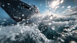Captivating perspective of a luxury boat from below capturing the vibrant water splashes and complex wave patterns generated by the sleek hull emphasizing the thrill of maritime adventure.