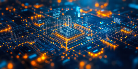 Fototapete - Abstract digital circuit board with glowing blue and orange lines representing data flow and technology infrastructure in 3D network visualization