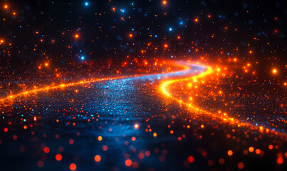 Poster - Glowing Curved Pathway of Blue and Orange Light Particles in Dark Abstract Digital Space Background with Bokeh Effect and Futuristic Energy Flow