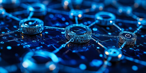 Fototapete - Close-up of interconnected futuristic circular digital interfaces with glowing blue data nodes and technology network background concept for innovation and connectivity