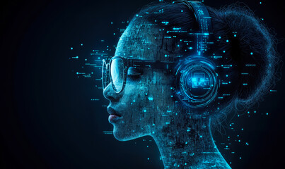 Poster - Digital futuristic woman profile with glowing blue cybernetic elements wearing high tech headphones and glasses on dark background representing AI and advanced technology concept