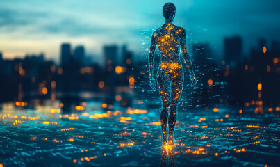 Poster - Digital human figure composed of glowing data points and lines symbolizing advanced technology and artificial intelligence network in futuristic cityscape background at dusk