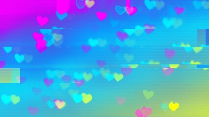 Wall Mural - neon heart pattern on blue, pink, yellow gradient with glitch effect. 90s, y2k style, fluorescent co
