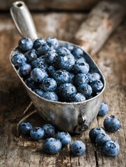 Poster - Glistening Blueberries in a Rustic Metal Scoop on Weathered Wooden Surface