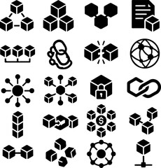 Fototapete - Collection of black blockchain and network icons representing distributed ledger technology data security and interconnected systems in a digital format