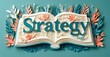 © antishock - Open book displays Strategy text. Floral papercraft surrounds pages, creating vibrant, artistic presentation. Sage appears below title.