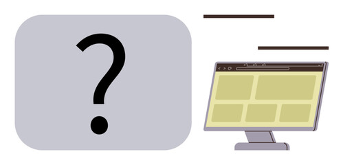 Poster - Question mark alongside computer monitor with website interface. Ideal for learning, innovation, decision-making, analysis, brainstorming, digital tools, and online collaboration. Simple flat