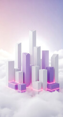 Poster - Abstract 3d cityscape in pastel colors with glowing neon light and cloudy background