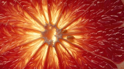 Poster - Bright Grapefruit Slice Resembles Abstract Sunburst With Vibrant Colors and Intricate Textures Captured in Close-Up View