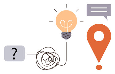 Poster - Question mark leading to tangled wire, glowing lightbulb, chat bubble, and location marker. Ideal for creativity, problem-solving, ideation, decision-making, innovation teamwork communication