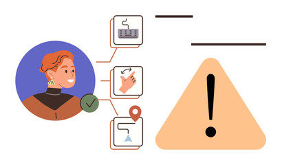 Poster - User profile, task steps with icons for typing, navigation, confirmation, triangle alert symbol. Ideal for task management, planning, workflow, organization notifications user guidance simple flat