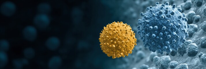 Poster - Immune Cells Engage in Battle Against Virus, Detailed View Under Microscope Highlighting Cellular Activity