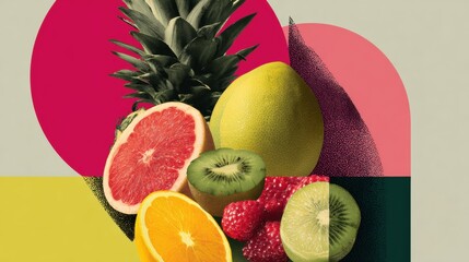 Poster - Fruits Collage With Geometric Shapes Featuring a Pineapple, Citrus Fruits, and Berries Against a Soft Background for Text Placement