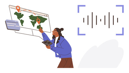 Poster - Woman pointing to world map with location markers, holding a tablet, next to a soundwave graphic. Ideal for travel, navigation, technology, education, data analysis sound design exploration. Simple
