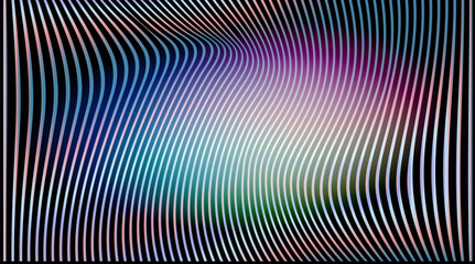 Poster - Vector illustration in modern op-art style with wavy lines and a fluid optical effect. Theme: illusion and motion, featuring blue, purple, green, and yellow gradients blending on a black background.
