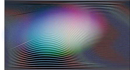 Poster - Vector illustration in modern op-art style with wavy lines and a fluid optical effect. Theme: illusion and motion, featuring blue, purple, green, and yellow gradients blending on a black background.
