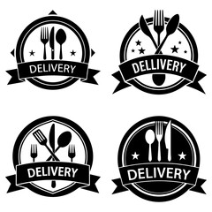 Poster - Four delivery service icons featuring cutlery arrangements with ribbons and stars in a black and white design