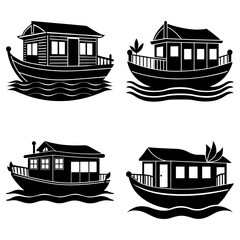 Poster - Four black and white illustrations of houseboats floating on water with different designs and details