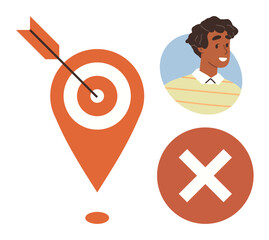Poster - Target board with an arrow, a smiling person, and a cross illustrating success and decision-making. Ideal for marketing, goals, teamwork, guidance, strategy, career analytics in a simple flat
