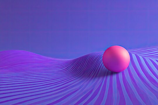 Abstract 3D scene with a pink sphere on a textured surface of purple and blue