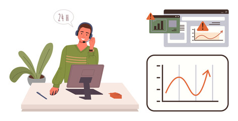 Poster - Support agent handling queries via headset, computer desk, alert screens, plant, and rising graph. Ideal for customer service, analytics, problem-solving, communication technology business online