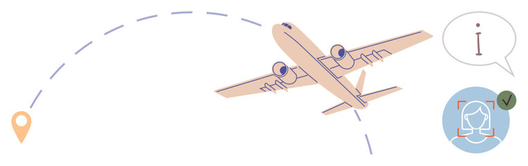 Poster - Airplane flying along a dashed path toward location pin, with information speech bubble and verified face recognition icon. Ideal for travel, navigation, aviation, logistics, technology