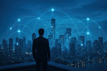 Poster - Connected Future: Silhouette of a person stands before a futuristic cityscape with glowing network connections, symbolizing innovation and global communication.