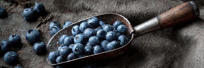 Poster - Glistening Blueberries in Rustic Metal Scoop on Textured Fabric in Natural Light